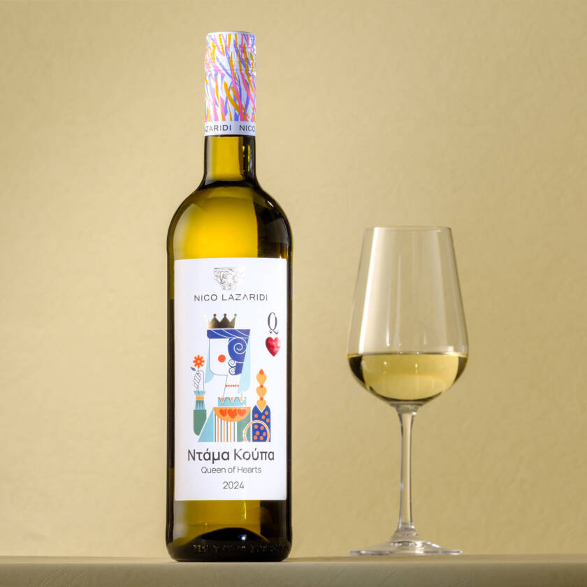 Queen of Hearts, Dry Greek White Wine, 30% Ugni Blanc - 30% Chardonnay - 20% Assyrtiko - 10% Muscat - 10% Roditis by Nico Lazaridi Winery
